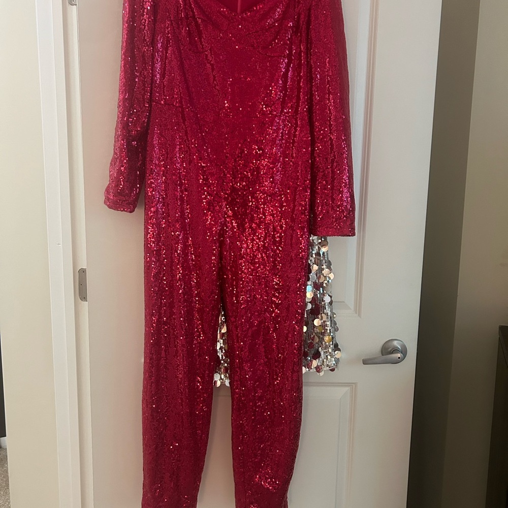Fuchsia sequin jumpsuit.